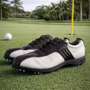 Adidas Golf Shoes Mens 9 Brown White Spiked Leather Lace Up Performance‎
